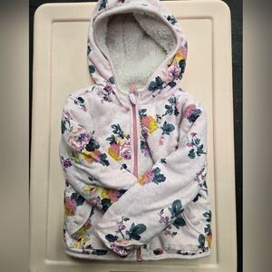 Joules reversible cream sherpa jacket with pink logo tag